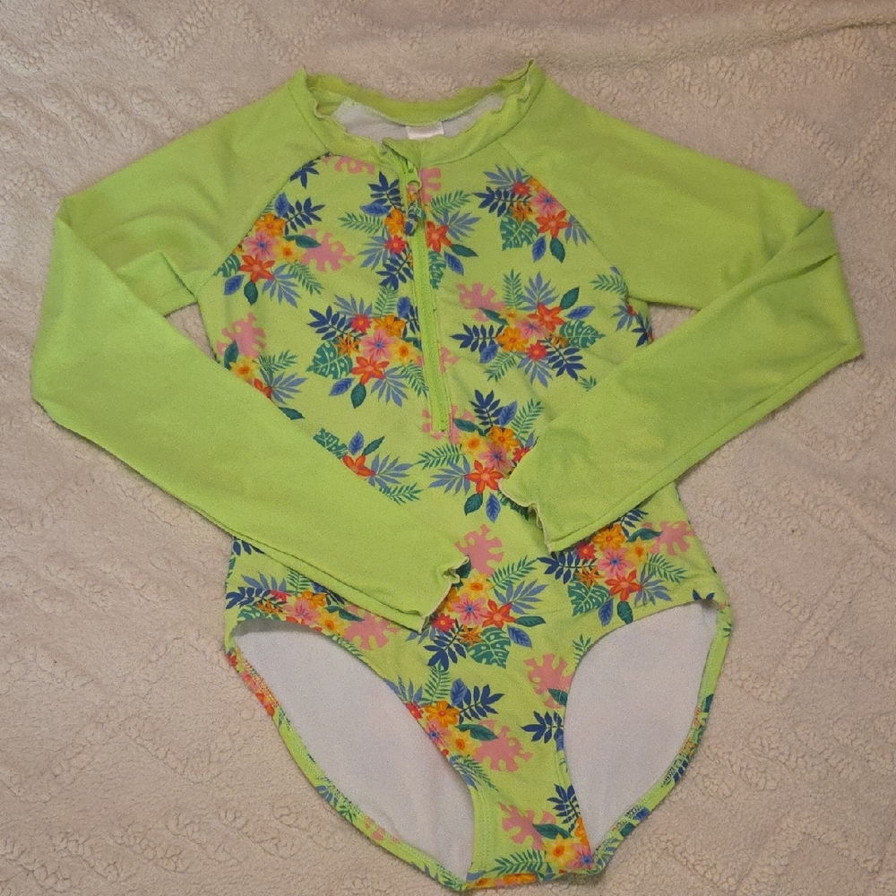 Cat & Jack Neon Lime Floral Long-Sleeve Rashguard One-Piece